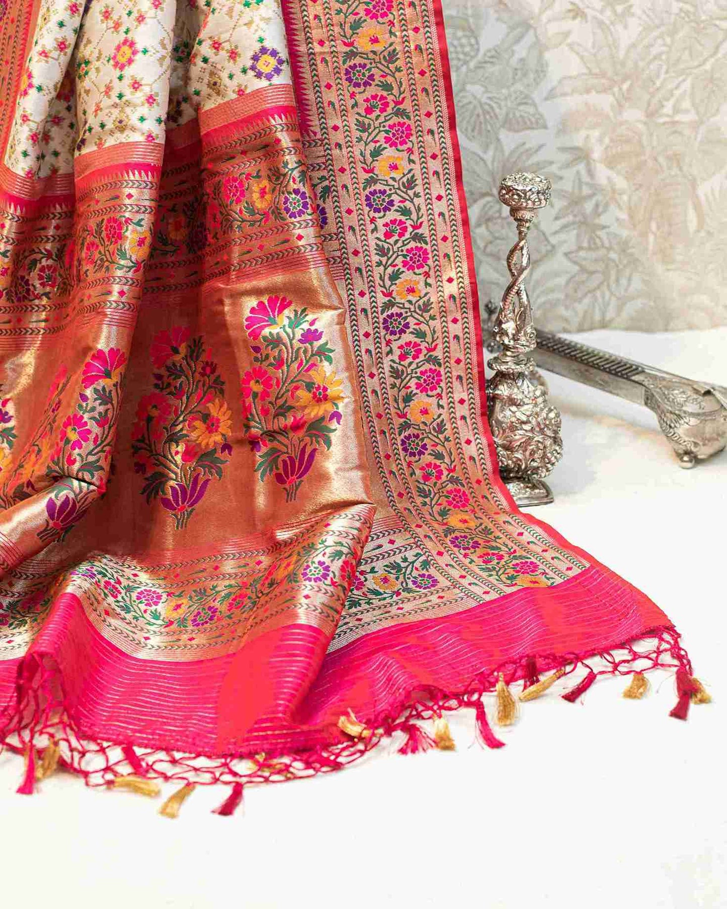 Off-White Banarasi Patola Silk Saree with Paithani Border