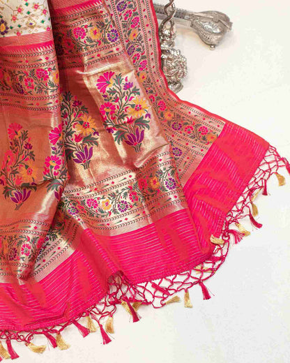 Off-White Banarasi Patola Silk Saree with Paithani Border