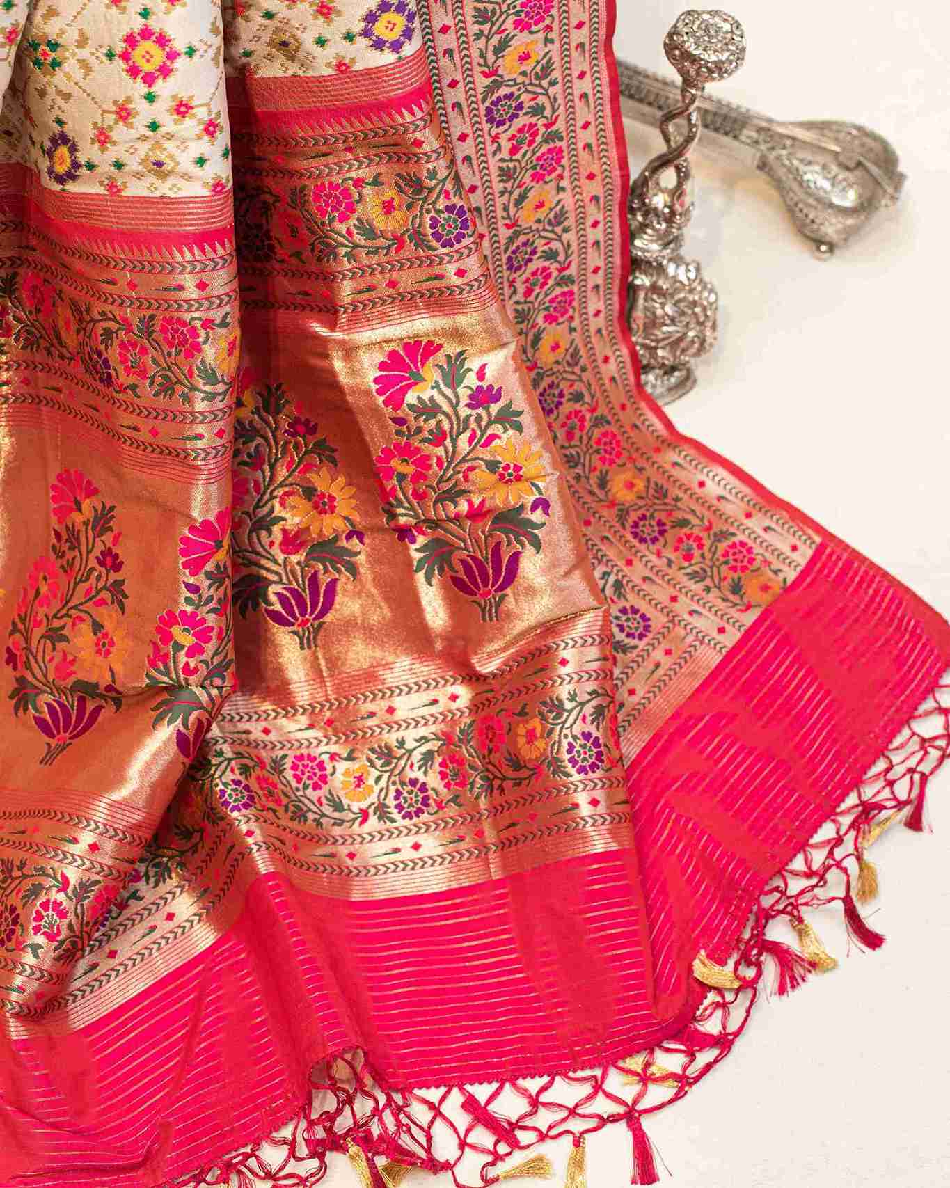 Off-White Banarasi Patola Silk Saree with Paithani Border