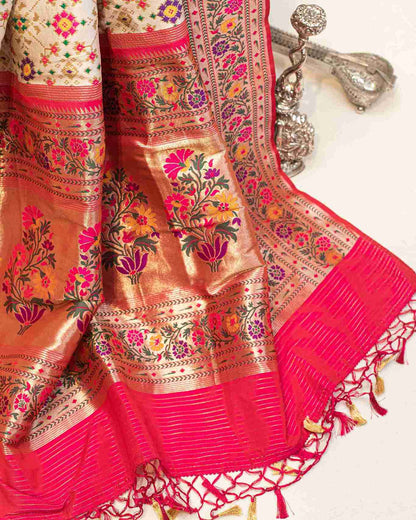 Off-White Banarasi Patola Silk Saree with Paithani Border