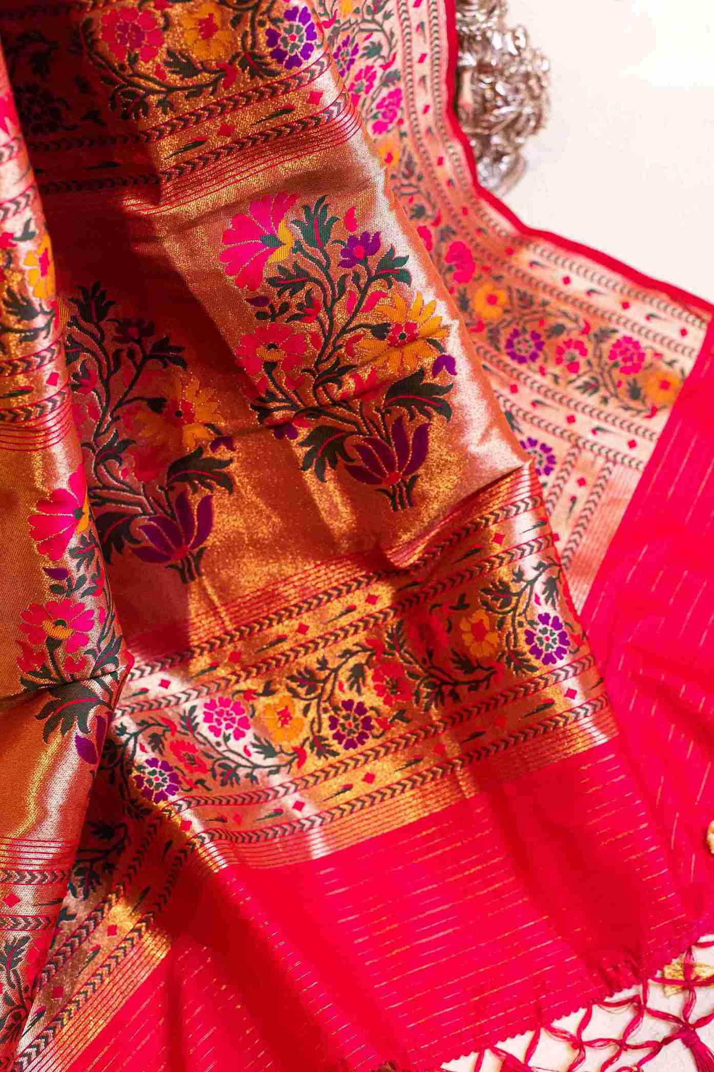 Off-White Banarasi Patola Silk Saree with Paithani Border