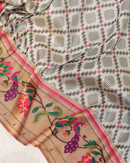 Luxury Off-White Silk Saree with Patola Design and Paithani Border