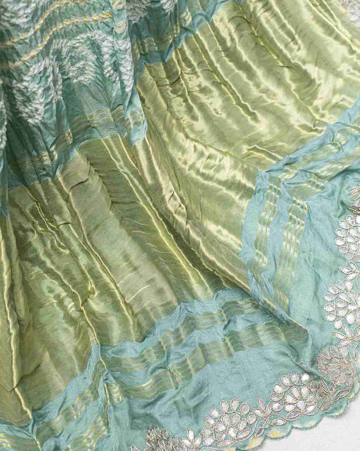 Mint Green Bandhini Saree with Hand Embroidered Gota Border