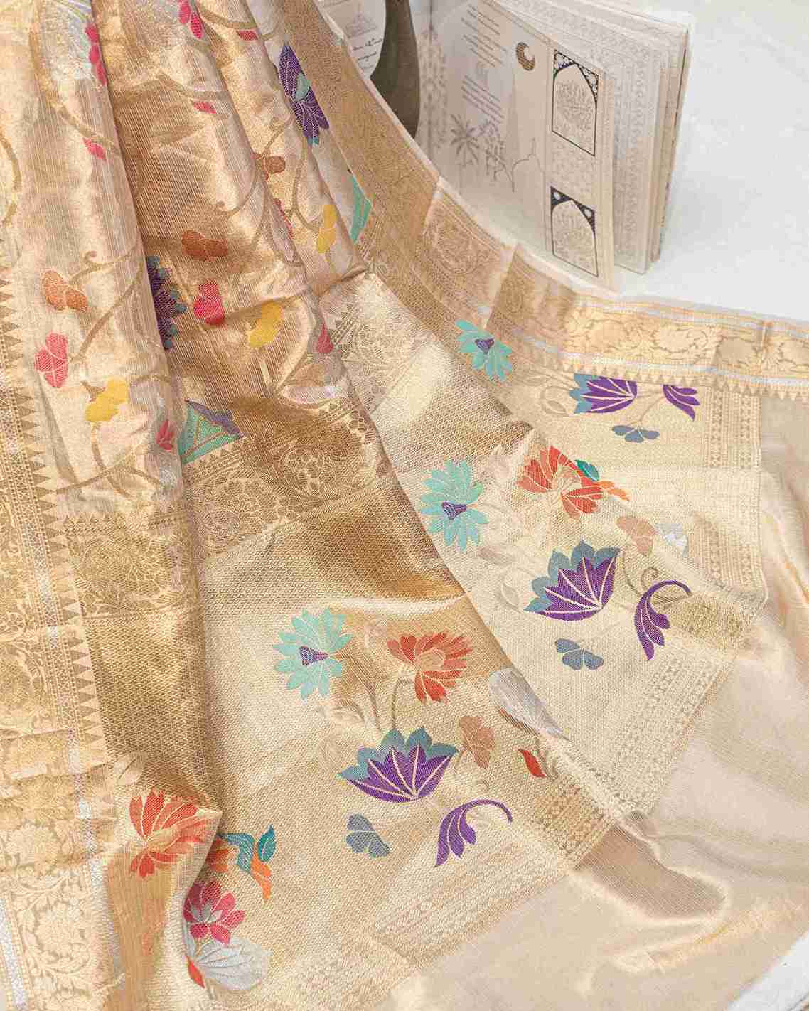 Gold Tissue Kota Paithani Saree with Floral Jaal