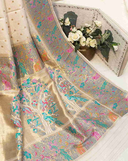 Classic White and Gold Ecru Mashru Paithani Sari