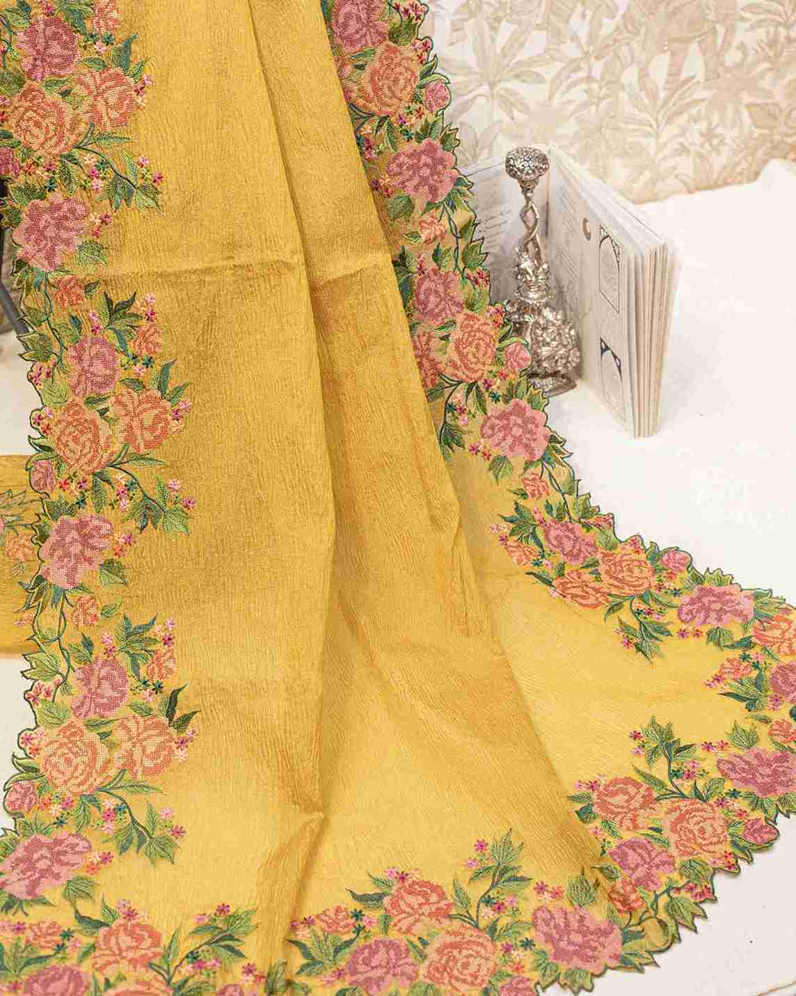 Chartreuse Crush Tissue Sari with Floral Border