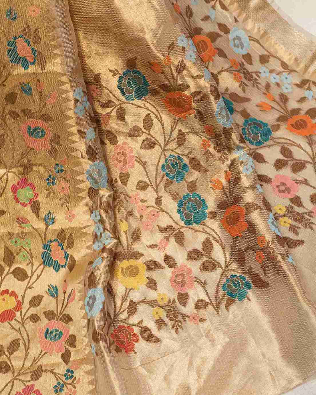 Gold Kota Tissue Saree with Floral Paithani Border