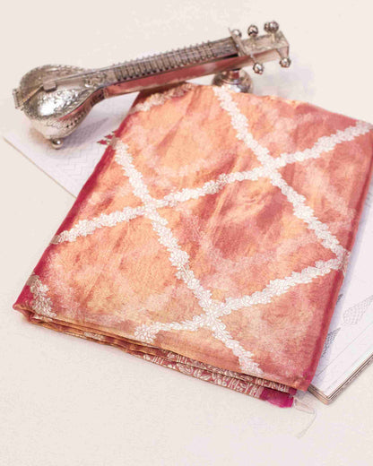 Onion Pink Banarasi Tissue Saree with Silver Zari Geometric Pattern