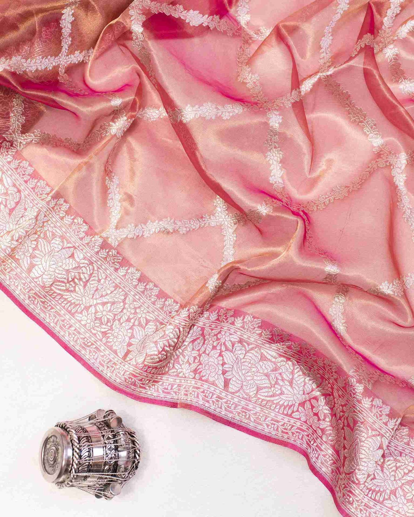 Onion Pink Banarasi Tissue Saree with Silver Zari Geometric Pattern