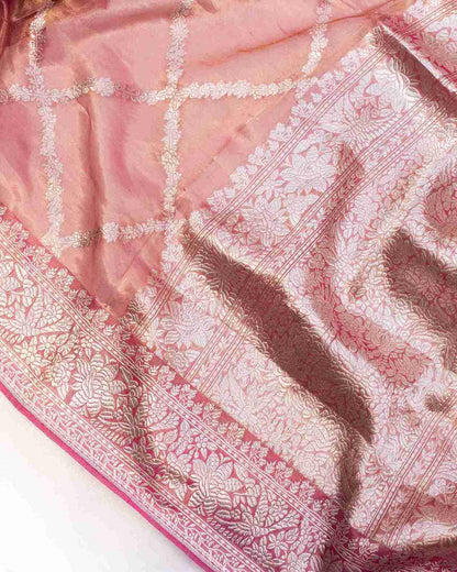 Onion Pink Banarasi Tissue Saree with Silver Zari Geometric Pattern