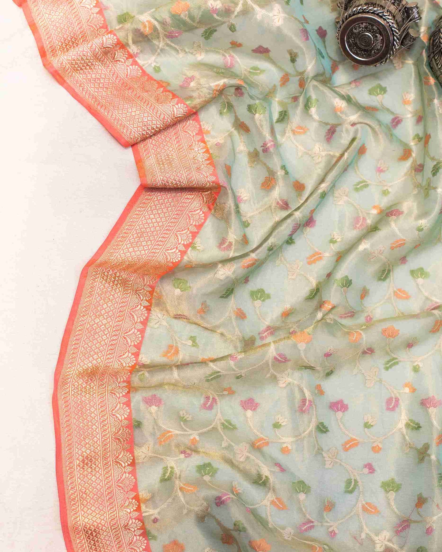 Sea Green Handwoven Banarasi Tissue Kora Saree with Pastel Jamdani Floral Jaal