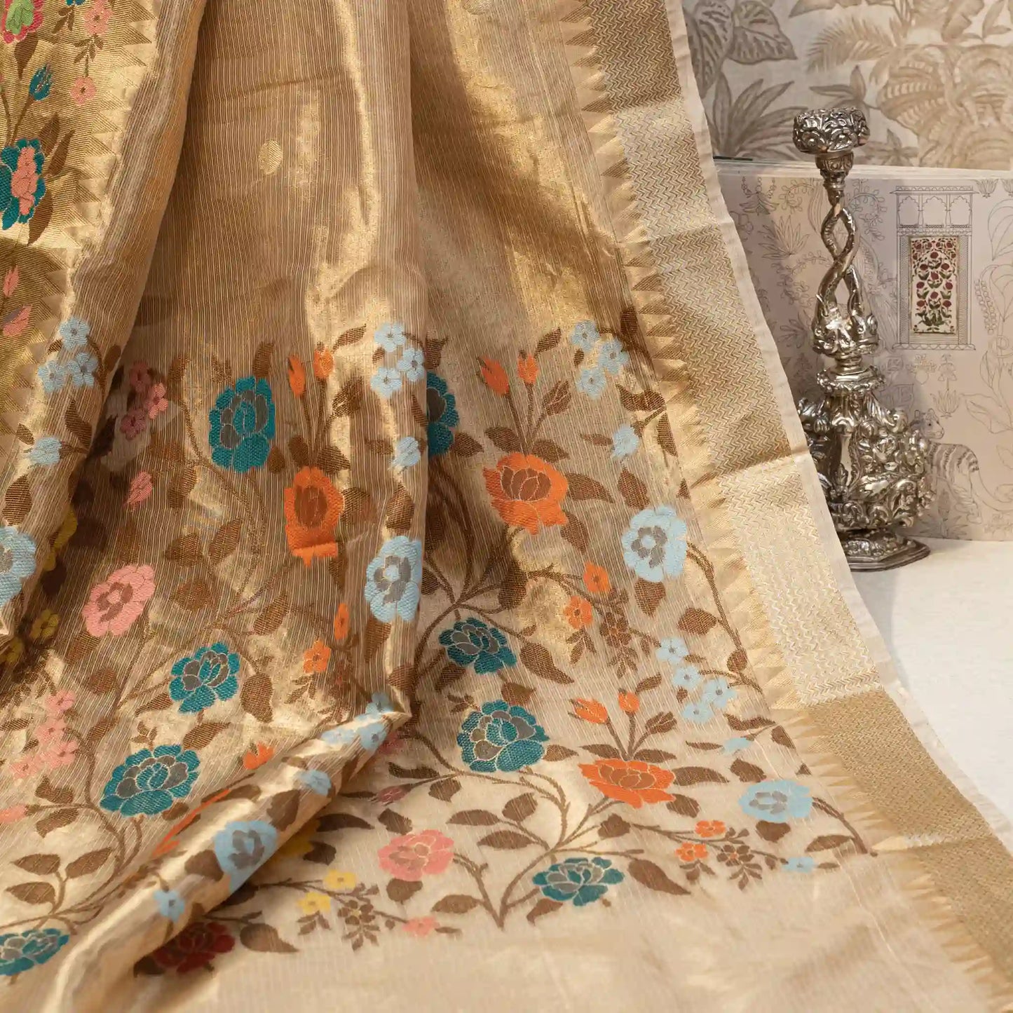 Gold Kota Tissue Saree with Floral Paithani Border