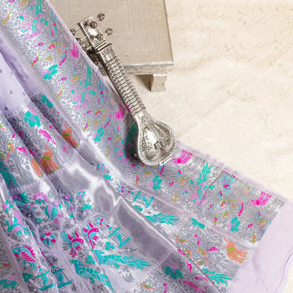 Handwoven Mashru Silk Banarasi Paithani Saree in English lavender