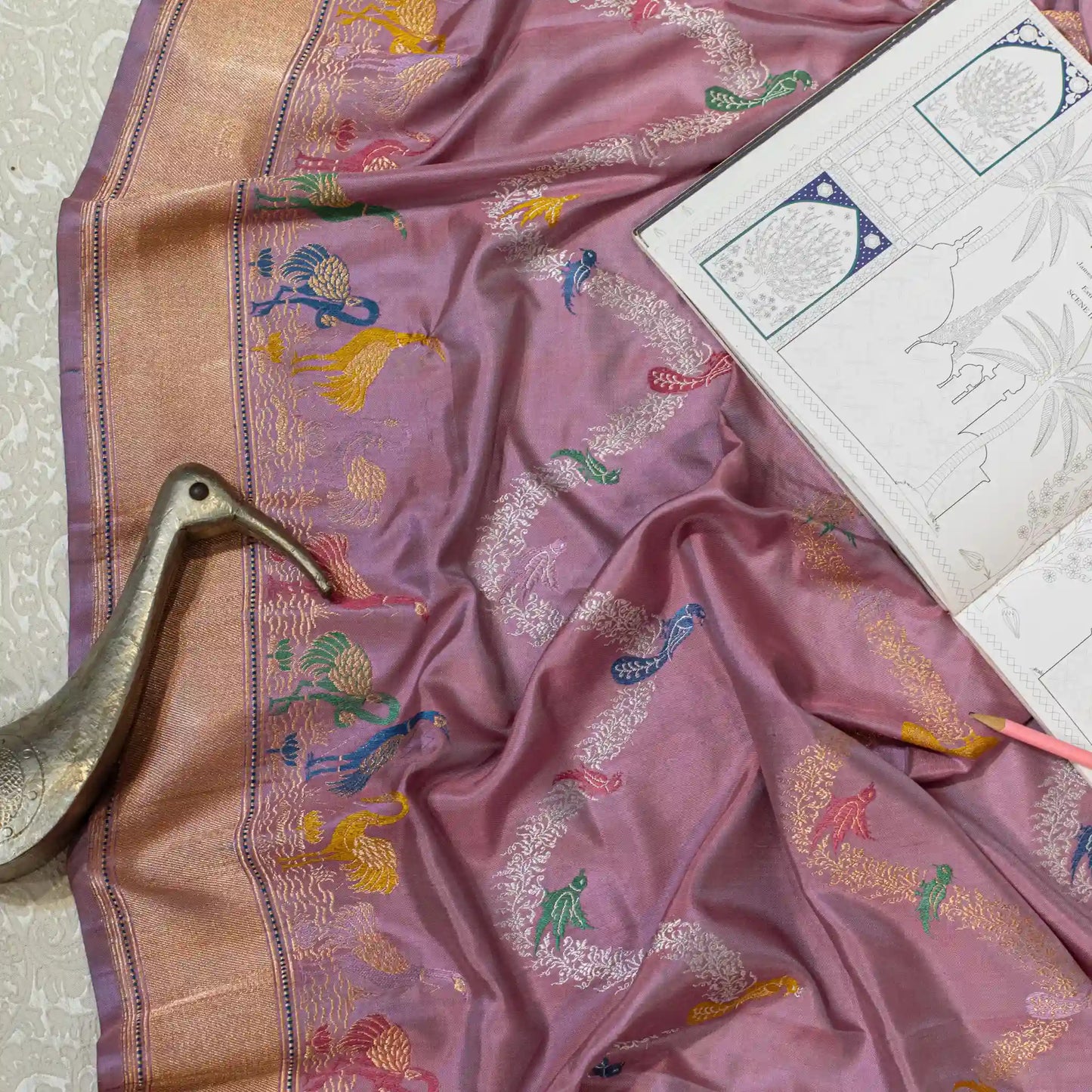 Handwoven Mulberry Banarasi Silk Saree with Minakari Bird Motifs