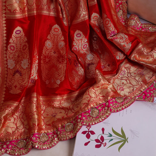 Red Banarasi Saree with hand embroidered Pink Border