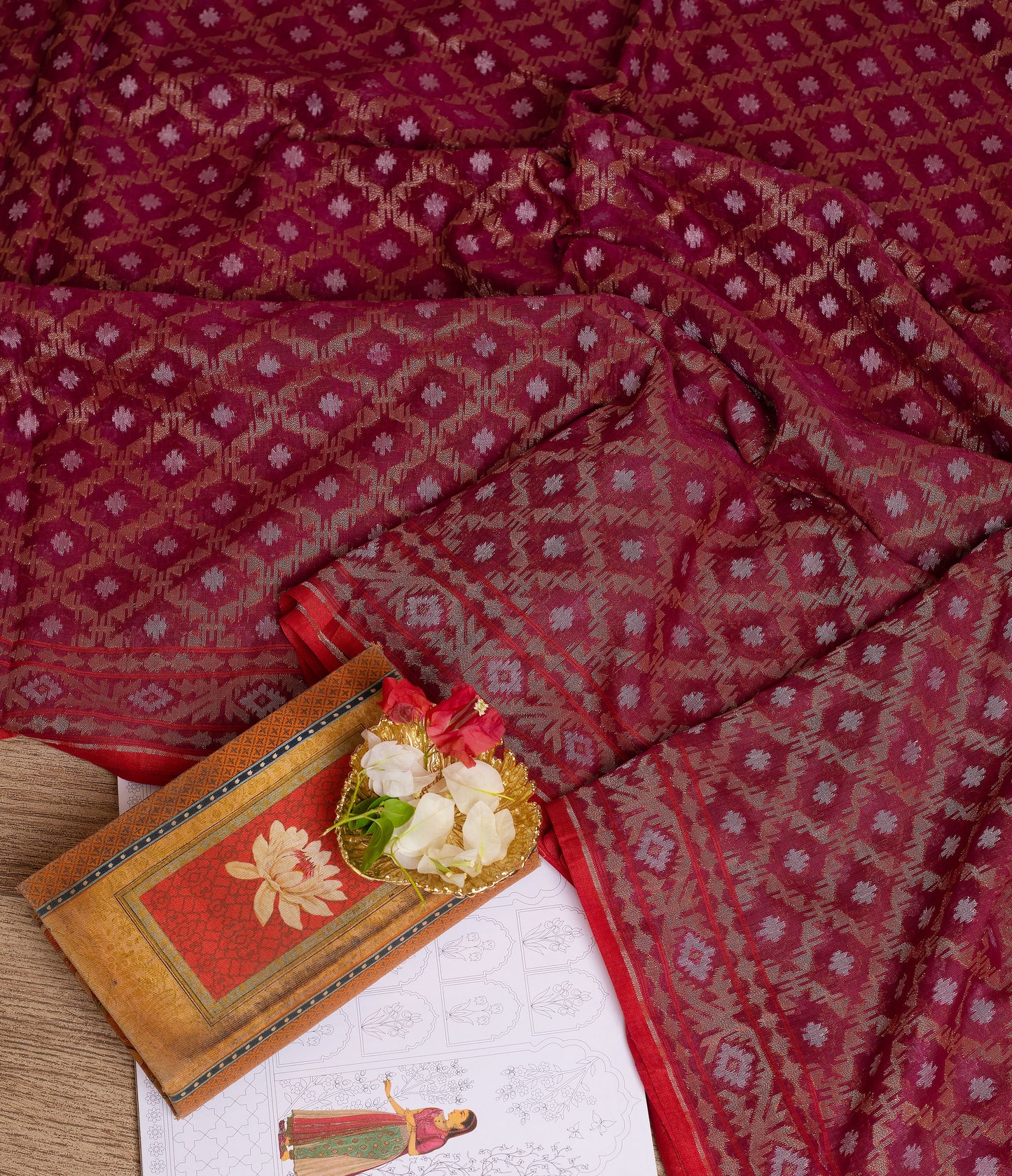 Burgundy Jamdani Muslin Saree