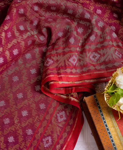 Burgundy Jamdani Muslin Saree