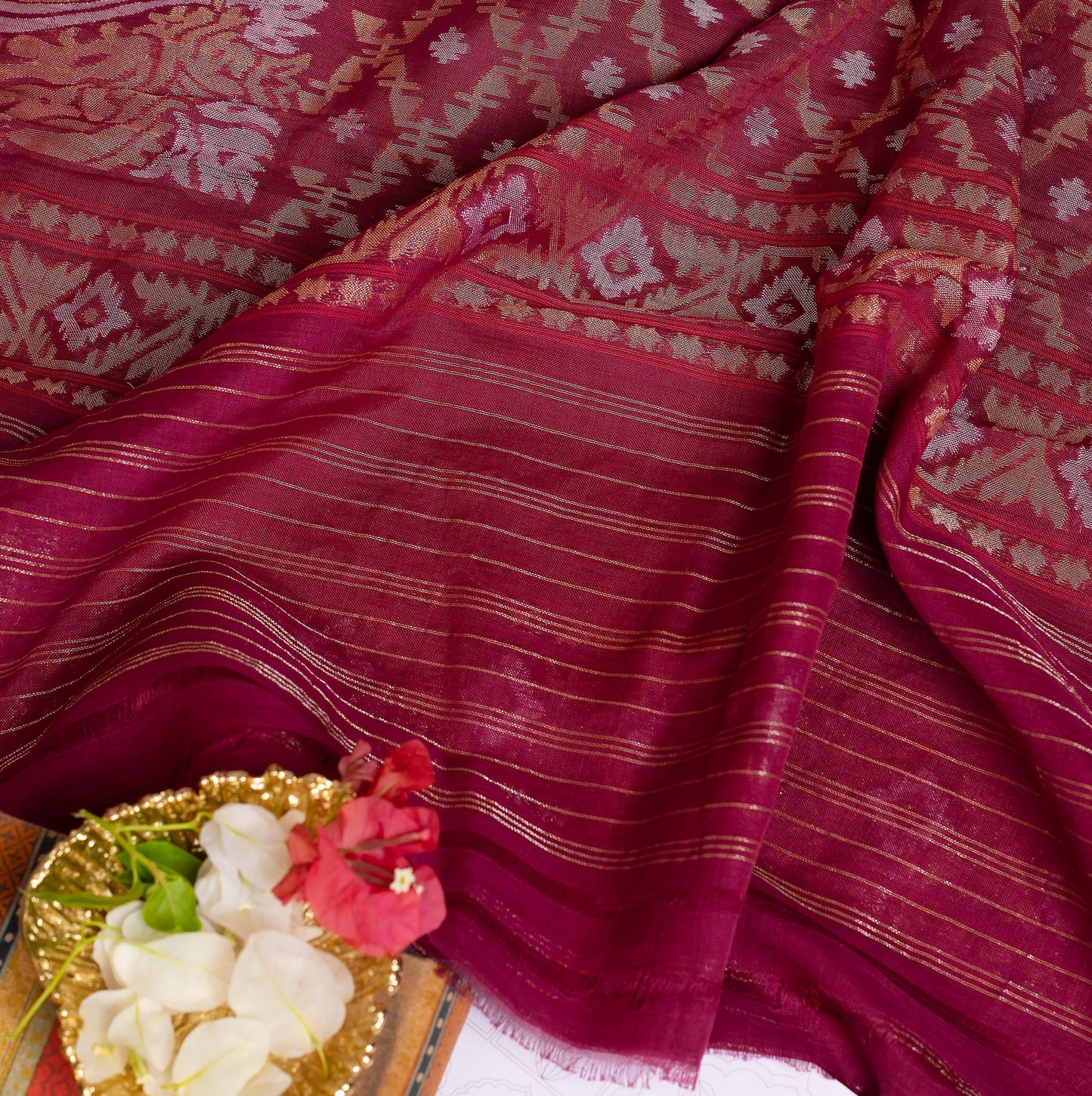 Burgundy Jamdani Muslin Saree