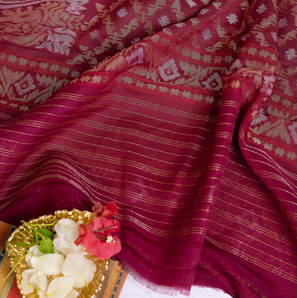 Burgundy Jamdani Muslin Saree