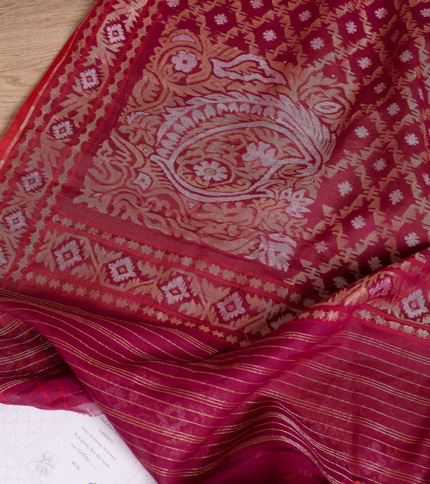 Burgundy Jamdani Muslin Saree