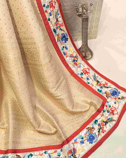 Handwoven Paani Gold Banarasi with a Hand Embroidered Parsi Garra Border