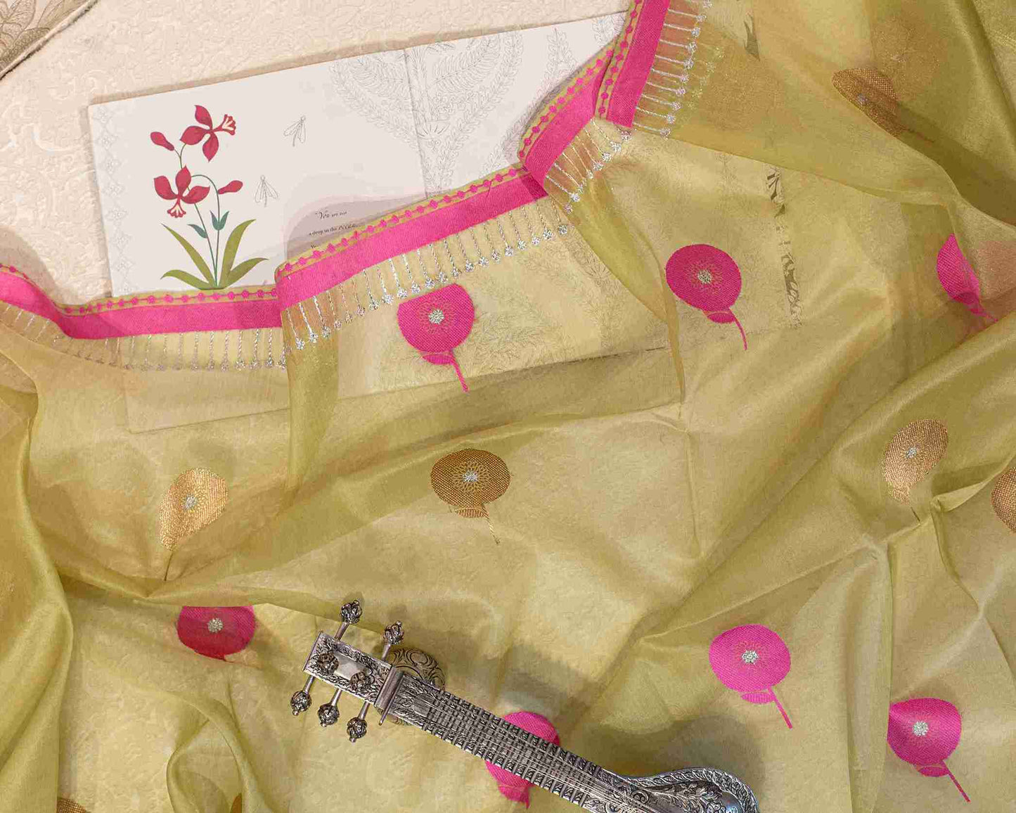 Lime Green Banarasi Kora Silk Saree