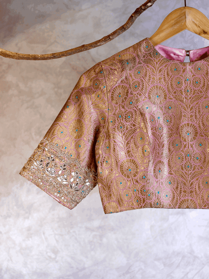 Onion Pink Banarasi Blouse with Gota Patti & Dori Work