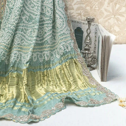 Mint Green Bandhini Saree with Hand Embroidered Gota Border