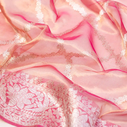 Onion Pink Banarasi Tissue Saree with Silver Zari Geometric Pattern