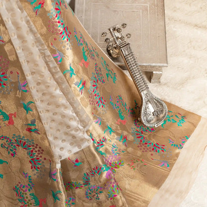 An Ecru Handwoven Mashru Silk Banarasi Paithani Saree