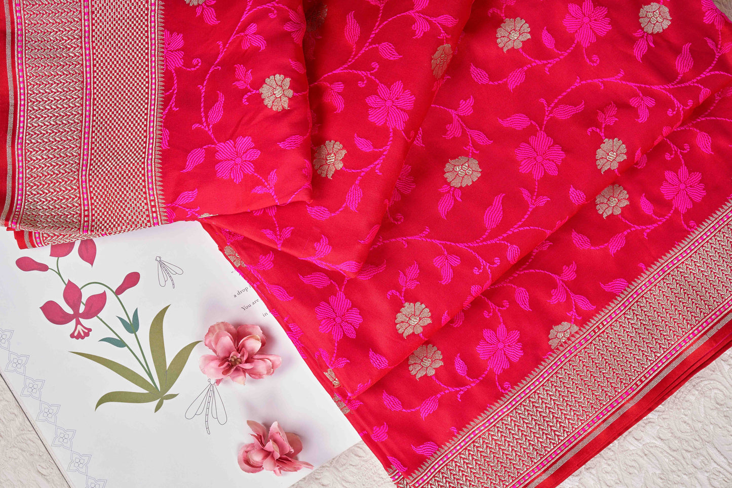 Fuschsia Mushru Kadwa Floral Handwoven Banarasi saree