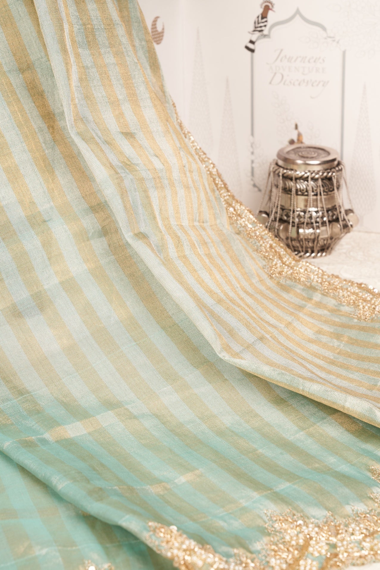 Powder Blue and Gold Stripes Tissue Chanderi Saree