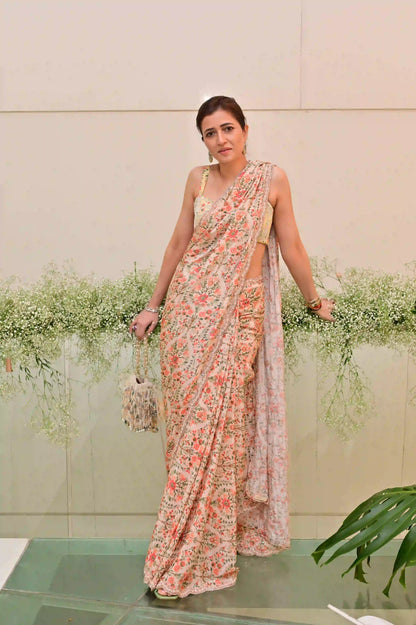 Light Pink Hand Embroidered Crepe Printed Sari