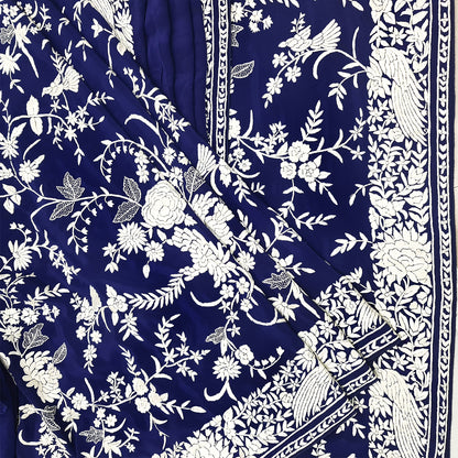 Ink Blue Hand Embroidered Parsigara Saree - Pre Order