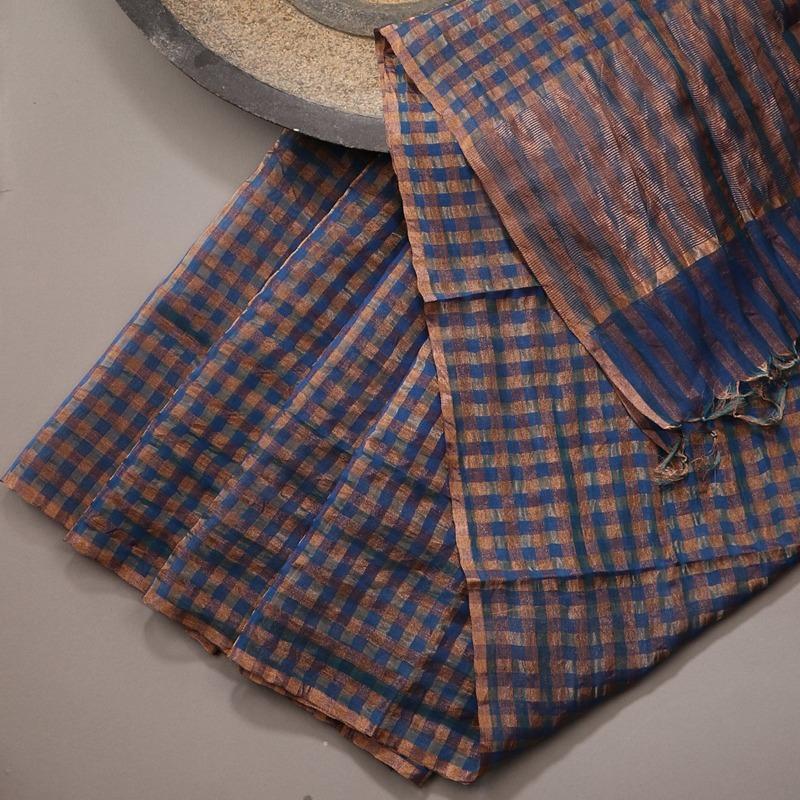 Handwoven Gold and Navy Blue Checks Silk Cotton Chanderi Dupatta - WIIAPRI CCSD 02 - Design View