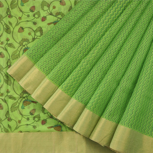 Handwoven Parrot Green Printed Silk Cotton Chanderi Sari - WIIAPRI CPSR0003 - Cover View