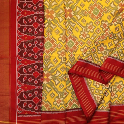 Handwoven Sunshine Yellow Rajkot Single lkat Patola Silk Sari - WIIPATANARIDNAM921118 - Cover View