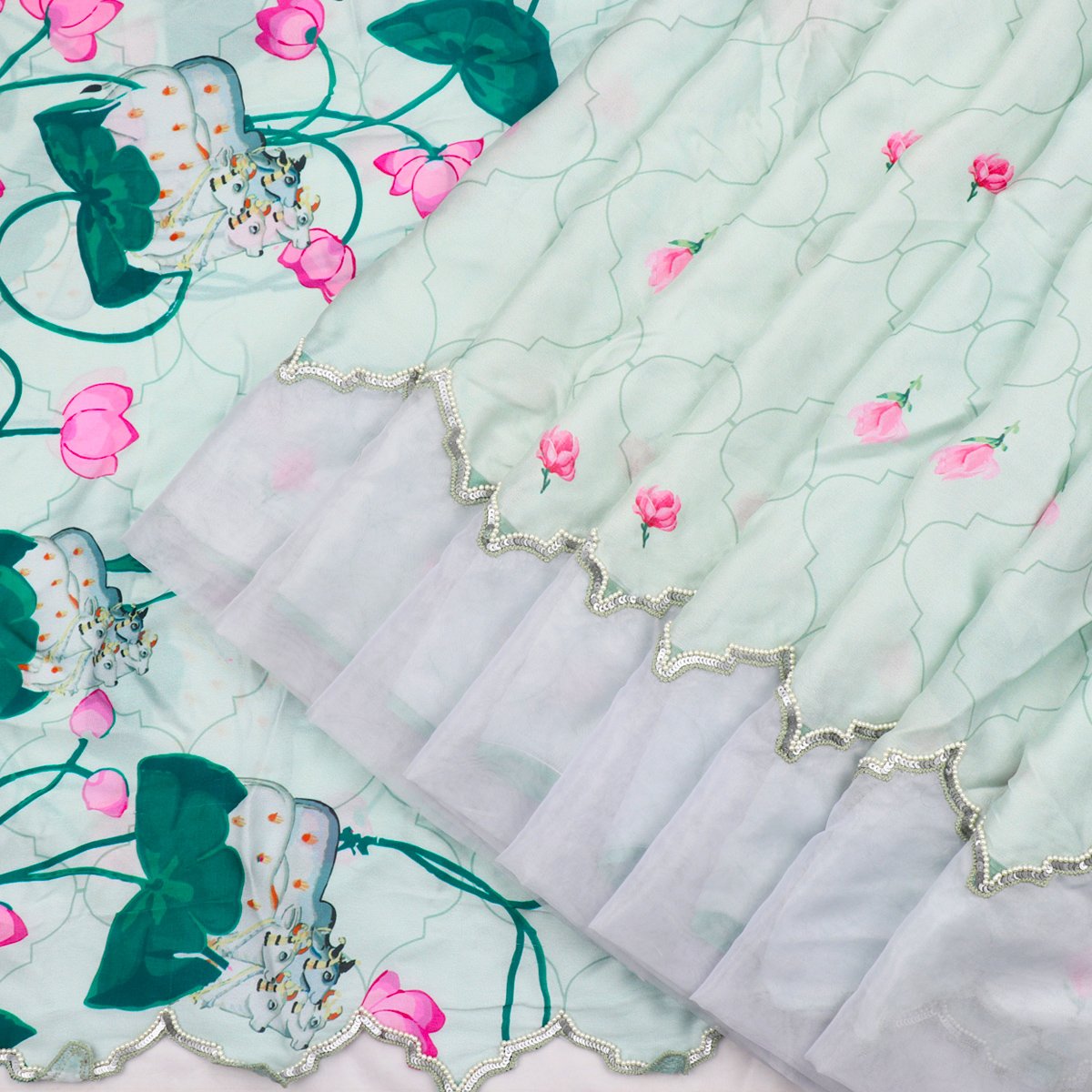 Digitally Printed Mint Green Jharoka-e-phool sari-WIIAKALICO SS21 - WeaveinIndia