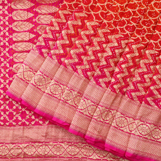 Handwoven Rani Pink and Chilli Red Silk Georgette Banarasi Bandhani Sari - WIIAJB257 116(2) - Cover View