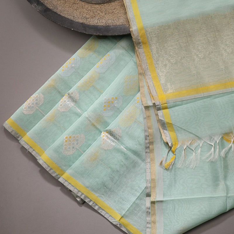 Handwoven Mint Silk Cotton Chanderi Dupatta - WIIAPRI CWMD 4 - Design View