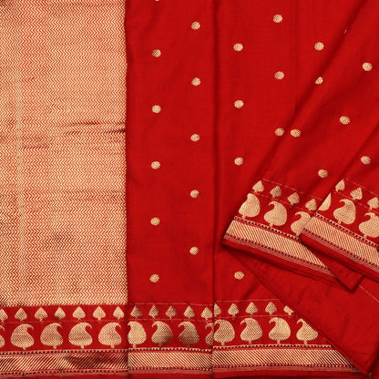 Handwoven Cherry Red Banarasi Cotton Silk Sari - WIIBT0020 - Cover View