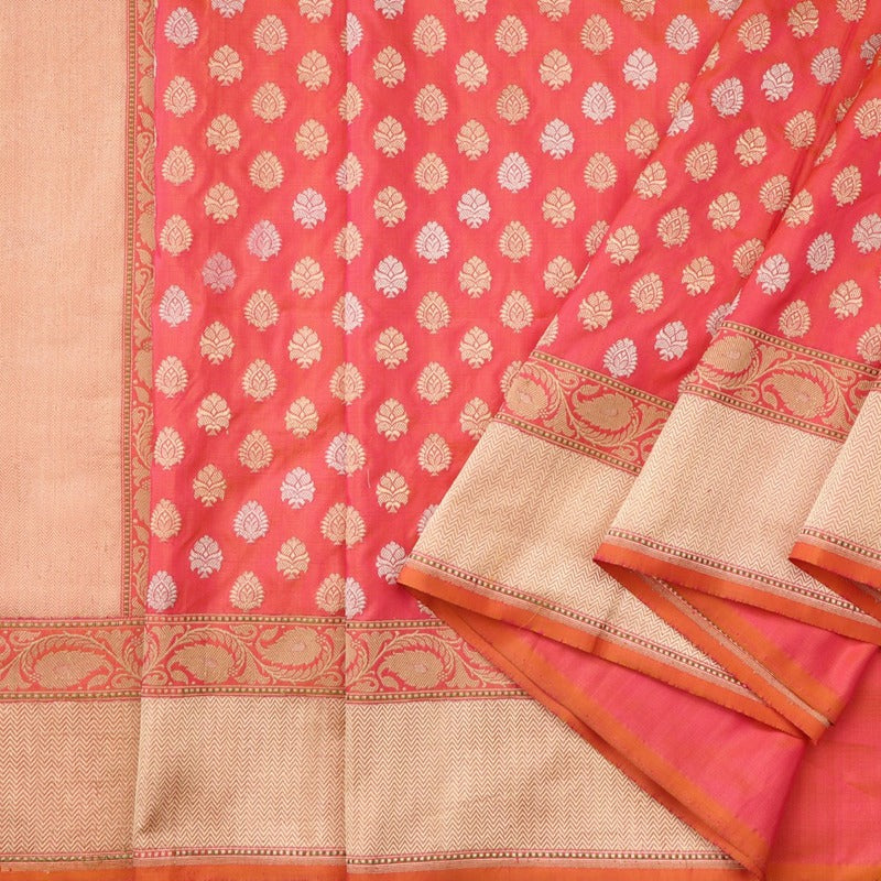 Handwoven Papaya Orange Banarasi Butta Sari - WIISK0011 - Cover View