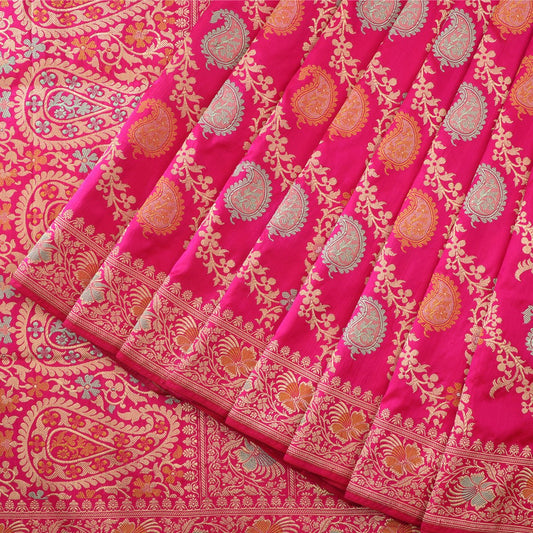 Handwoven Candy Pink Keriya Banarasi Silk Sari - WIIBT0094 - Cover View