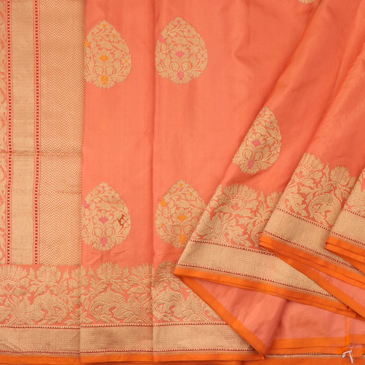 Handwoven Salmon Orange Banarsai Silk Sari - WIIEDT1135 012B - Cover View