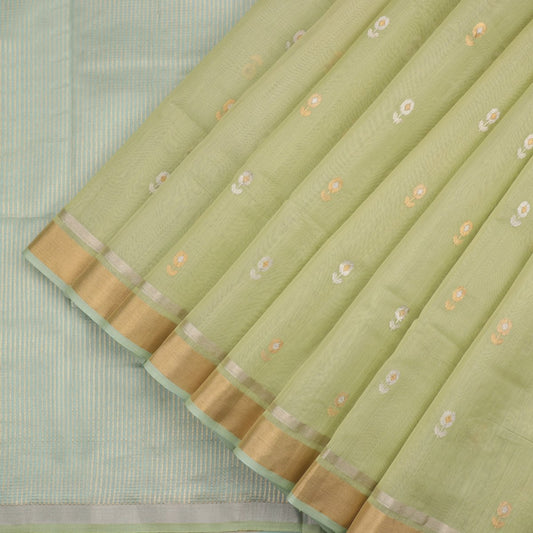 HANDWOVEN PISTA GREEN CHANDERI SILK EK NALIYA BUTTI SARI-WIIAPRICEBS 01-Cover View