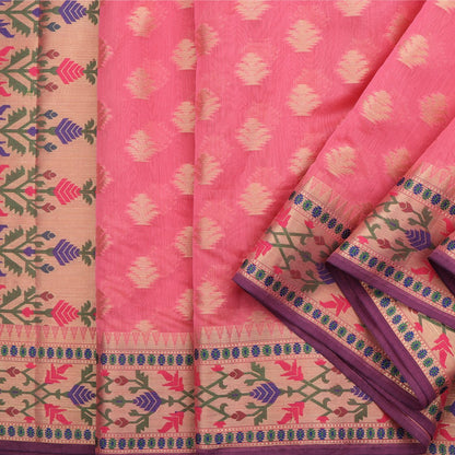 Handwoven Coral Pink Kora Silk Sari - WIISHNIKARIDNAM045 - Cover View