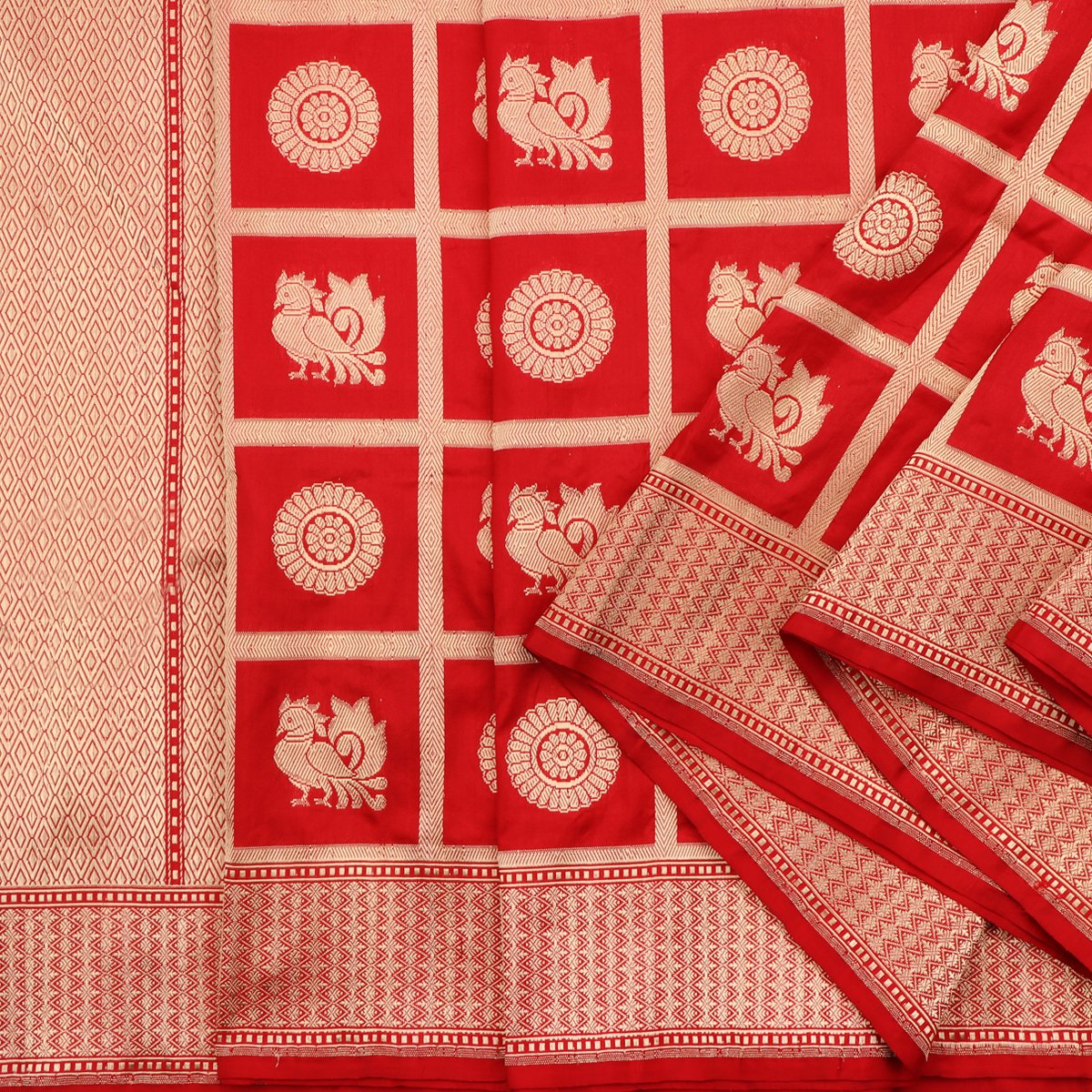 Handwoven Cherry Red Banarasi Katan Silk Sari - WIIKBDA0014 - Cover View