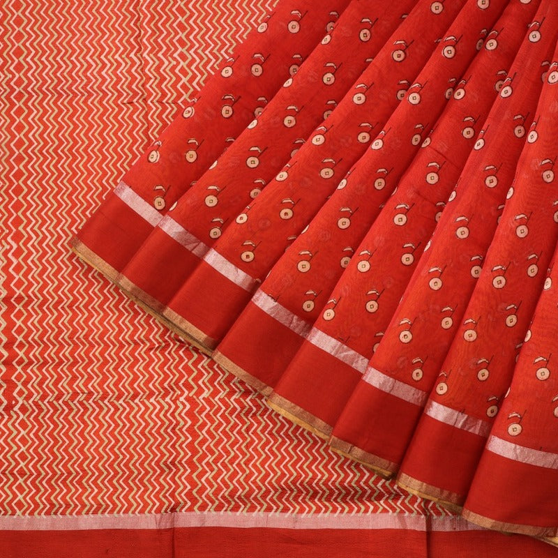 Handwoven Tangerine Orange Printed Silk Cotton Chanderi Sari - WIIAPRI CPSR0005 - Cover View