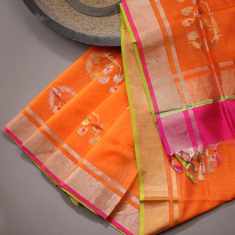 Handwoven Bright Orange Silk Cotton Chanderi Dupatta - WIIAPRI CWMD 6 - Design View