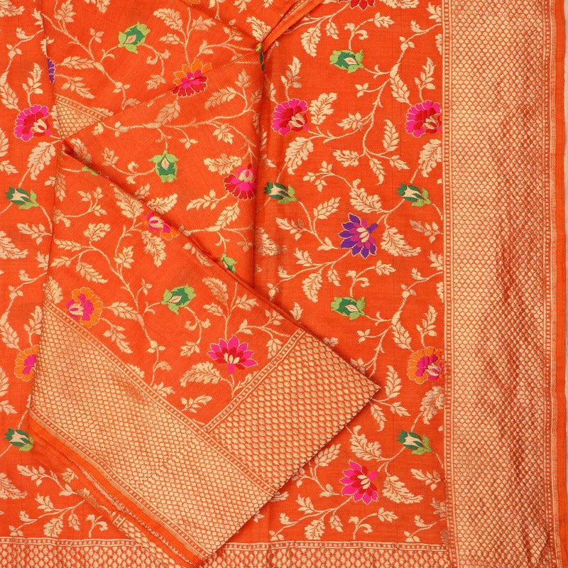 Handwoven Orange Katan Silk Meenakari Banarasi Dupatta - WIIRJ0186 - Cover View